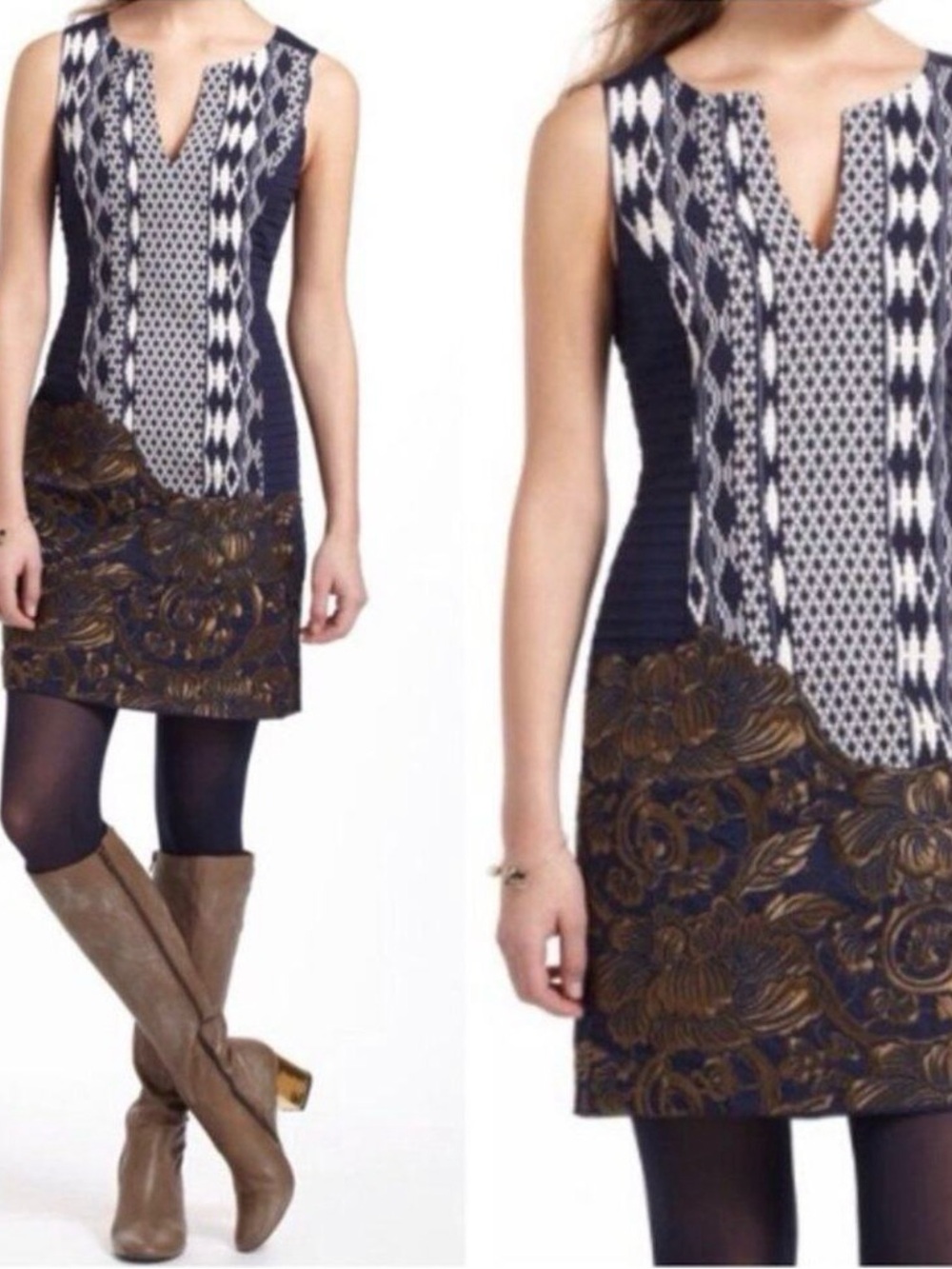 Anthropologie x Floreat Print Embroidered Blue White Floral Bronze Dress size 0 - Picture 3 of 12
